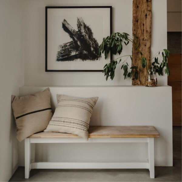 White long Dining Bench with acacia seat
