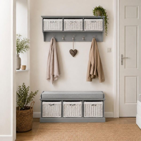 Tetbury 3 White Wicker Basket and Grey Cushion Hallway Set in Dove Grey