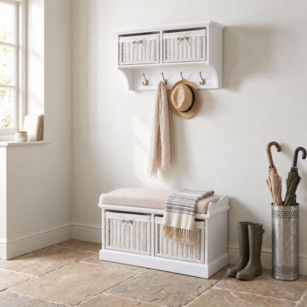 Tetbury 2 White Wicker Basket and Cream Cushion Hallway Set in White