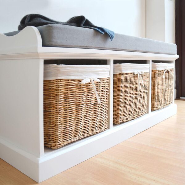 Tetbury Bench with 3 Natural Wicker Baskets and Grey Cushion- White