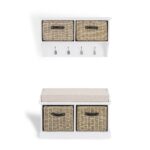 Tetbury white hanging shelf and bench with brown faux rattan baskets